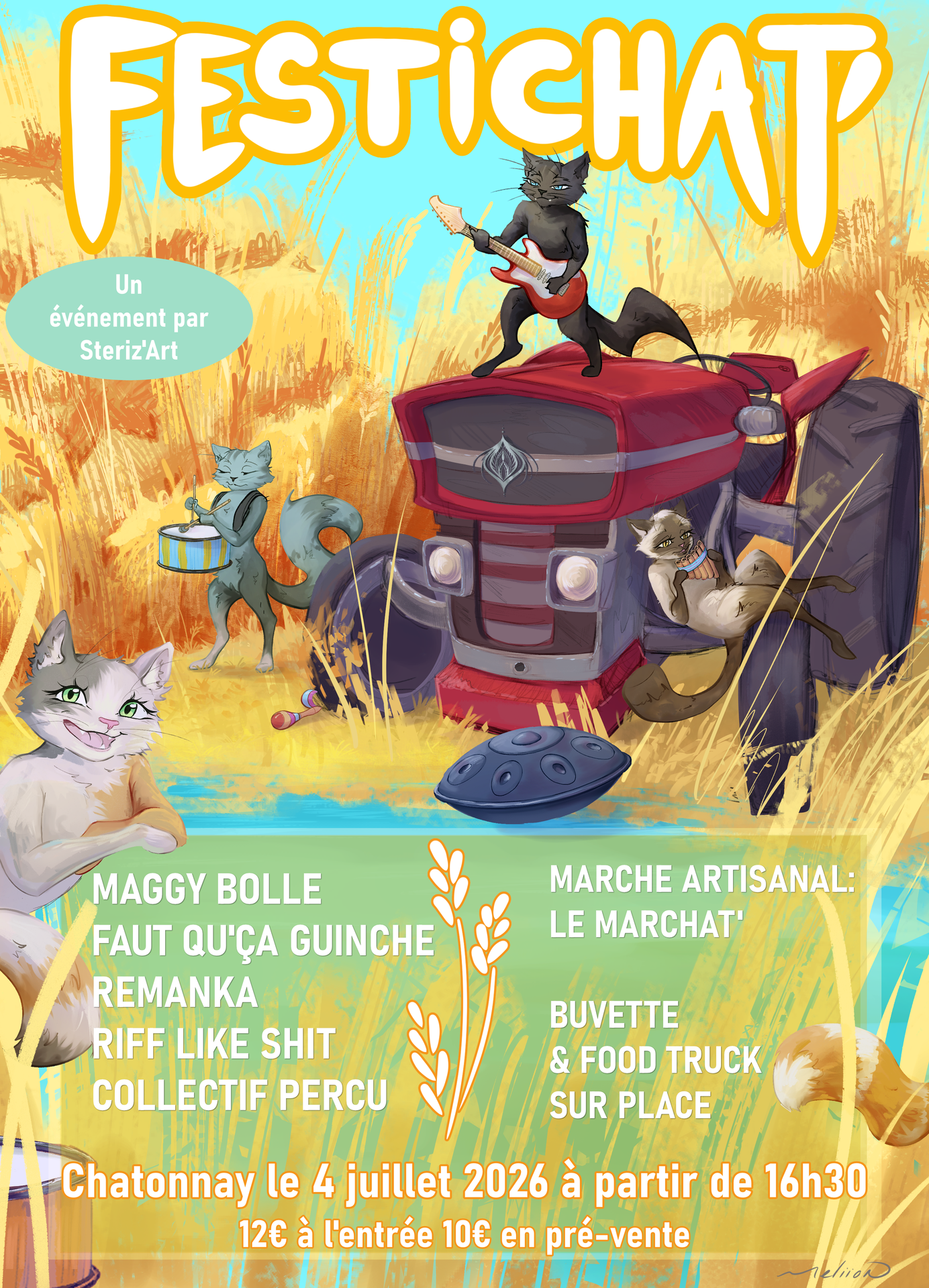 Affiche Festichat' 2026 — Chats musiciens dans un champ de blé