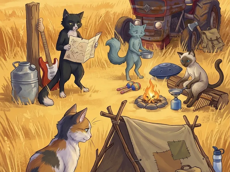 Chats autour d'un feu de camp avec tente et instruments — Festichat