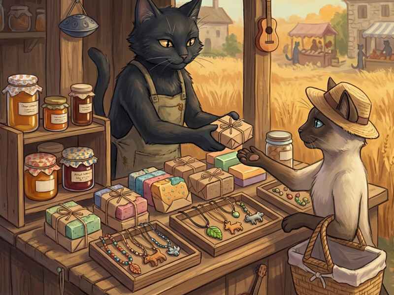 Chat artisan vendant des bijoux et savons au marché — Festichat