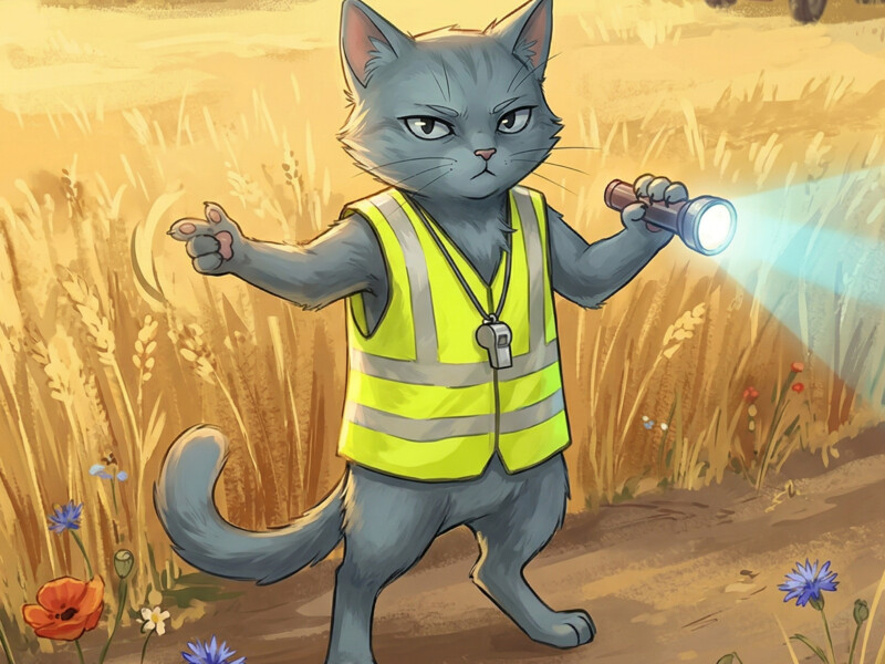 Chat en gilet jaune guidant le parking — Festichat